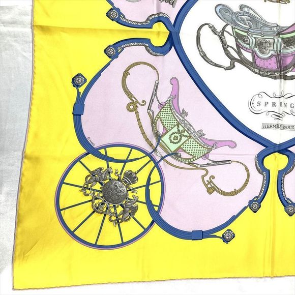 Hermes Carre 90 Springs Carriage Ledoux Scarf Silk Yellow Pink Women - Picture 4 of 9